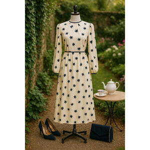 Vintage 70s Dress Ivory Navy Maple Leaf Print | Long Sleeve Bishop Sleeve Size 4